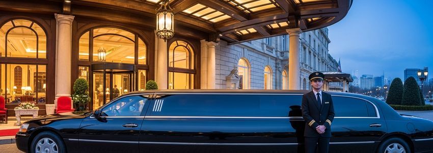 Luxury limousine with chauffeur parked at upscale hotel entrance