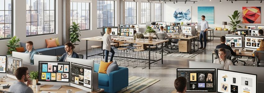 Marketing agency office with designers working at monitors showing colorful campaigns