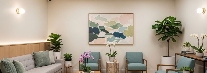 Calm welcoming mental health clinic waiting room with comfortable seating and soft lighting