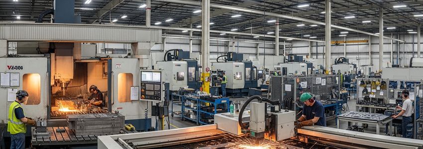 Modern metal manufacturing facility with CNC machines and workers