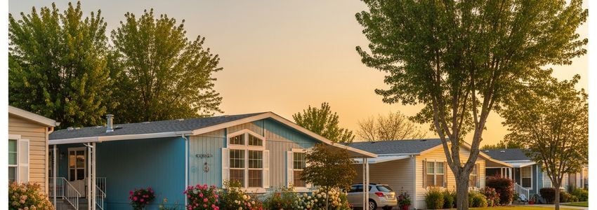 Well-maintained manufactured home community with green lawns and warm evening light