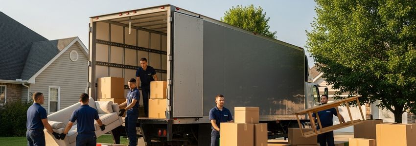 Professional moving crew loading furniture onto a moving truck