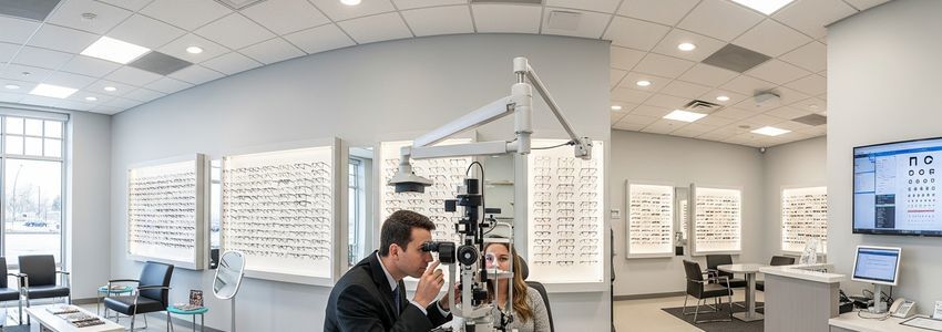 Optometrist performing slit lamp eye examination in modern optometry clinic with eyeglasses displays