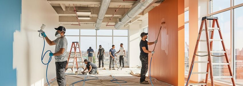 Professional painting contractors working in a commercial building interior with rollers and sprayers