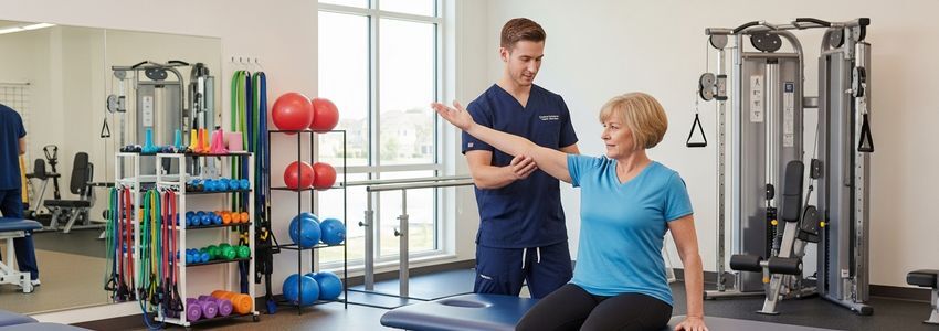 Physical therapist helping patient with rehabilitation exercises in modern clinical setting