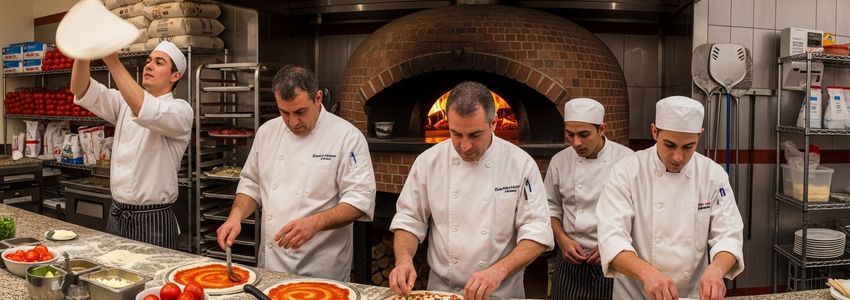 Professional pizza restaurant kitchen with chefs preparing pizzas at a brick oven