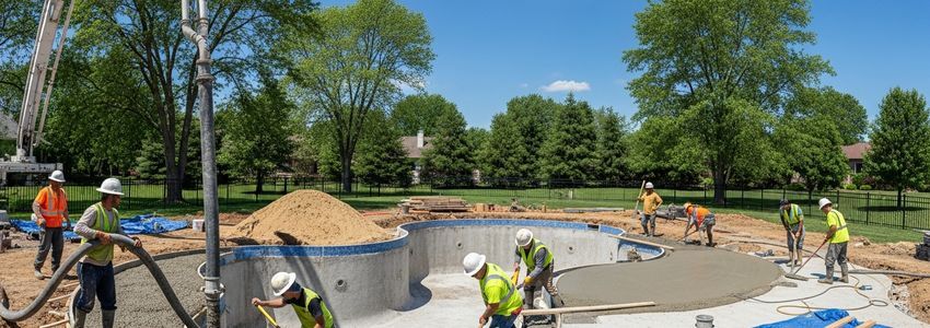 Professional pool builder crew constructing a residential swimming pool with concrete shell visible