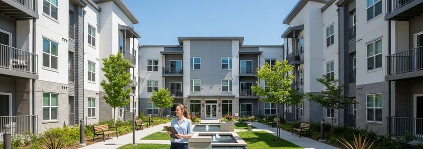 Professional property manager reviewing apartment complex with clipboard