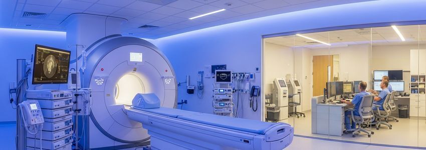 Modern radiology center with MRI machine in clean clinical imaging room