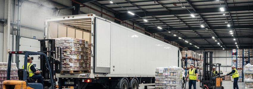 Refrigerated reefer truck at a commercial loading dock being loaded with pallets of food products