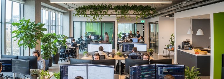 Modern tech startup office with software developers working at multiple monitors