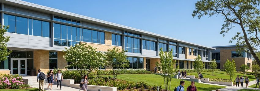 Modern private school exterior with students on campus