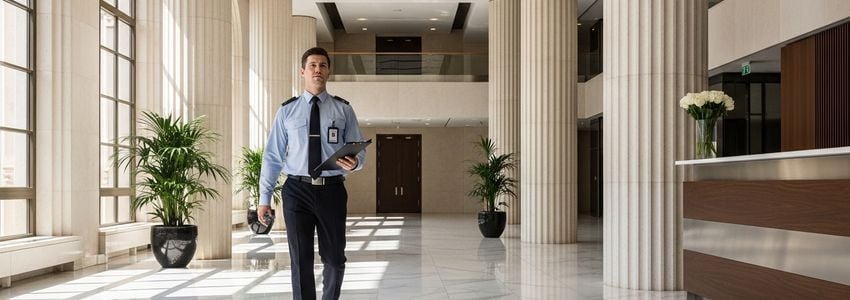 Professional security guard on patrol in corporate office building