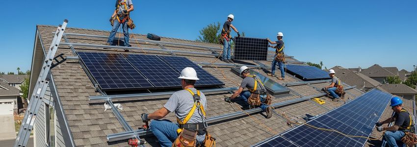 Professional solar panel installers mounting solar panels on a residential rooftop on a bright sunny day