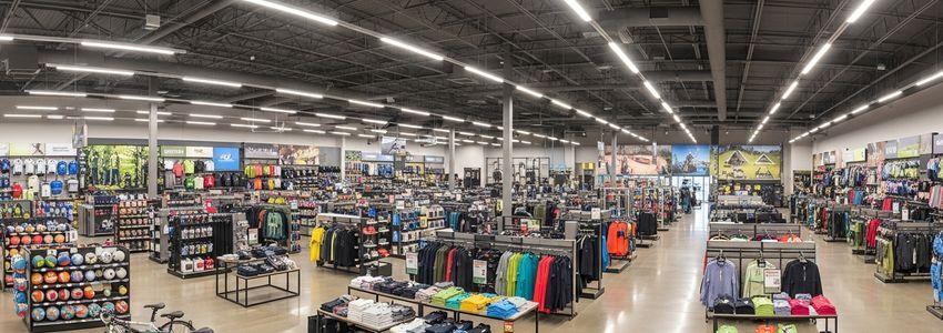 Large sporting goods store interior with athletic equipment and fitness gear displays
