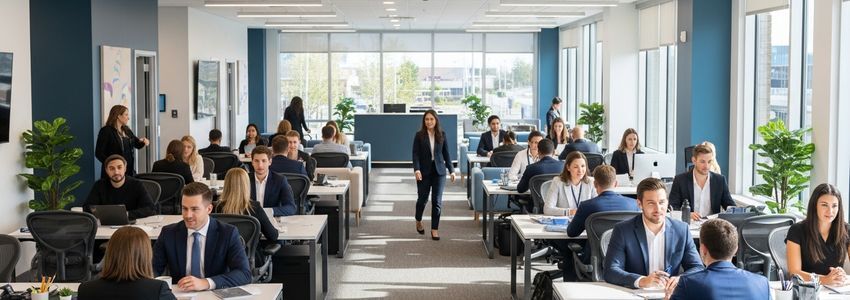 Professional staffing agency office with recruiters interviewing candidates