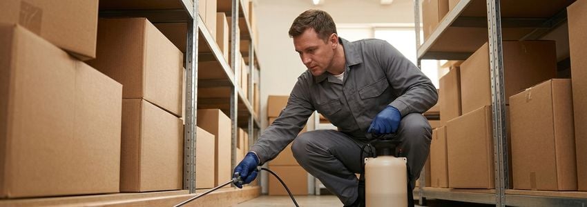 Commercial pest control technician performing extermination and remediation work in a business storage area