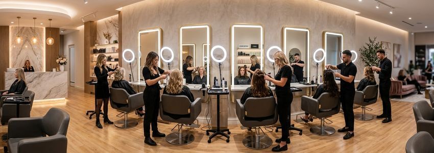 Modern upscale beauty salon interior with styling chairs and professional lighting