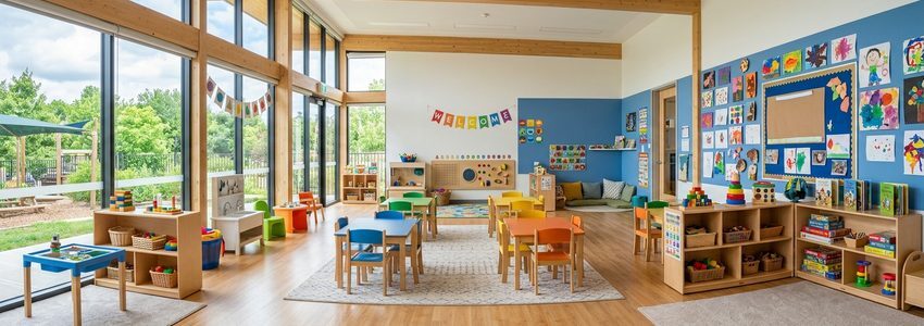 Bright modern child care center classroom with colorful furniture and educational materials — daycare business loans from Crestmont Capital