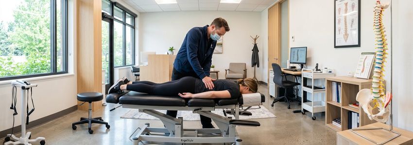 Modern chiropractic office with adjustment table and professional clinical environment