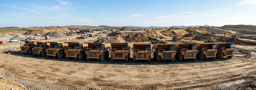 Row of heavy duty dump trucks at a construction site ready for hauling