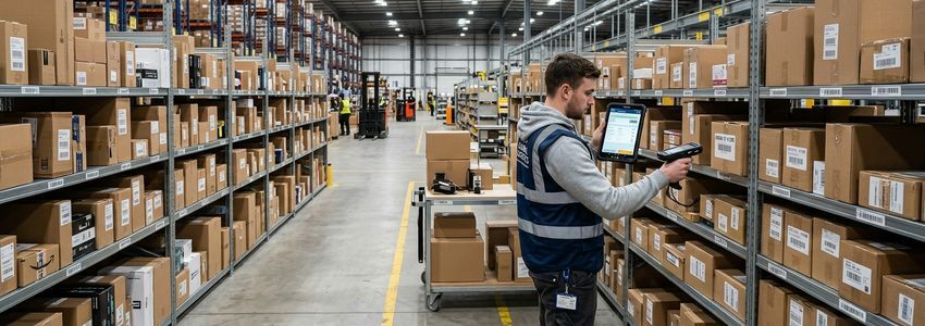 E-commerce warehouse with inventory and worker scanning packages