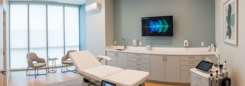 Modern physician medical office with examination table and medical equipment