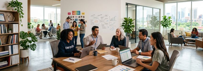 Diverse nonprofit team working together in a modern office — Crestmont Capital nonprofit business loans