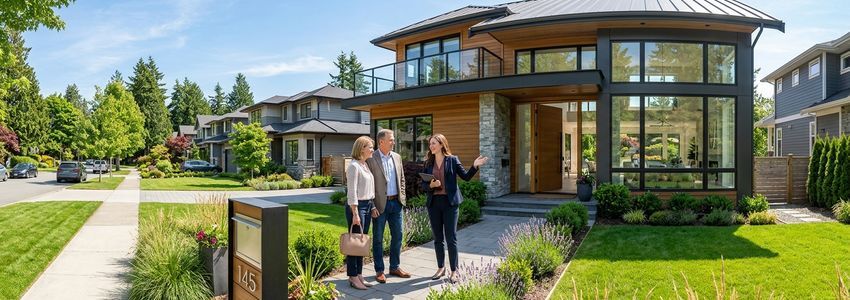 Professional real estate agent showing a modern home to clients — business loans for real estate agents from Crestmont Capital